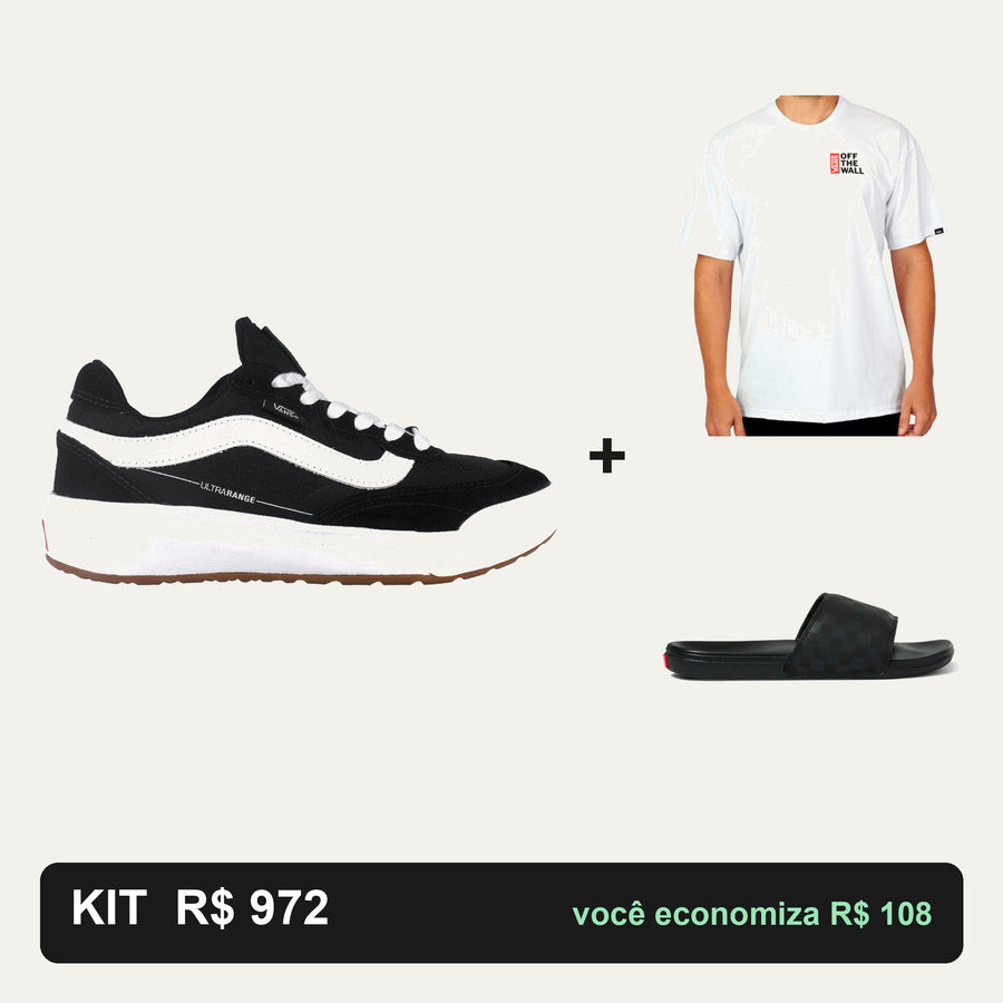 Kit Vans Ultrarange 2.0 Se + Camiseta Vans + Chinelo Vans — Técnico e ícones lado a lado