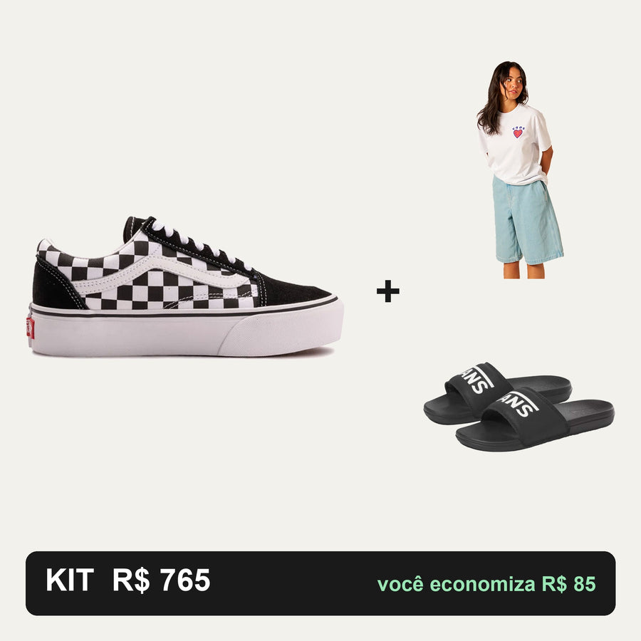 Kit Vans Old Skool Plataforma Checkerboard + Camiseta Vans + Chinelo Vans — Clássico Vans com altura extra