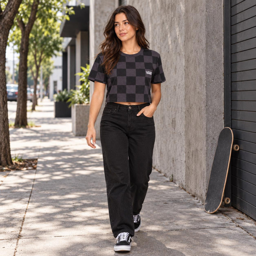 Camiseta Cropped Vans Checkerboard Feminino — Pede cintura alta embaixo