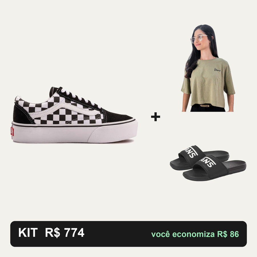 Kit Vans Old Skool Plataforma Checkerboard + Cropped Vans + Chinelo Vans — O look completo