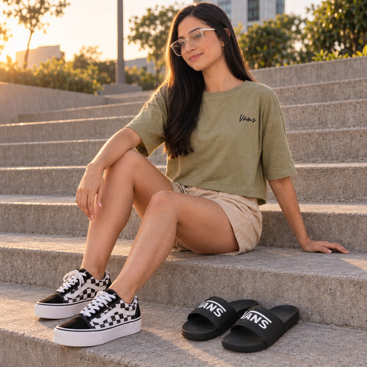 Kit Vans Old Skool Plataforma Checkerboard + Cropped Vans + Chinelo Vans