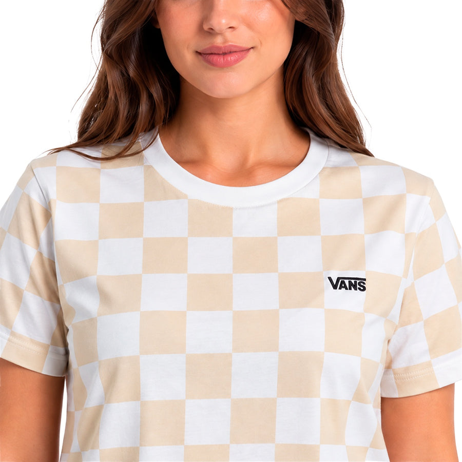 Camiseta Cropped Vans Checkerboard Feminino — Quadrados bege sobre branco